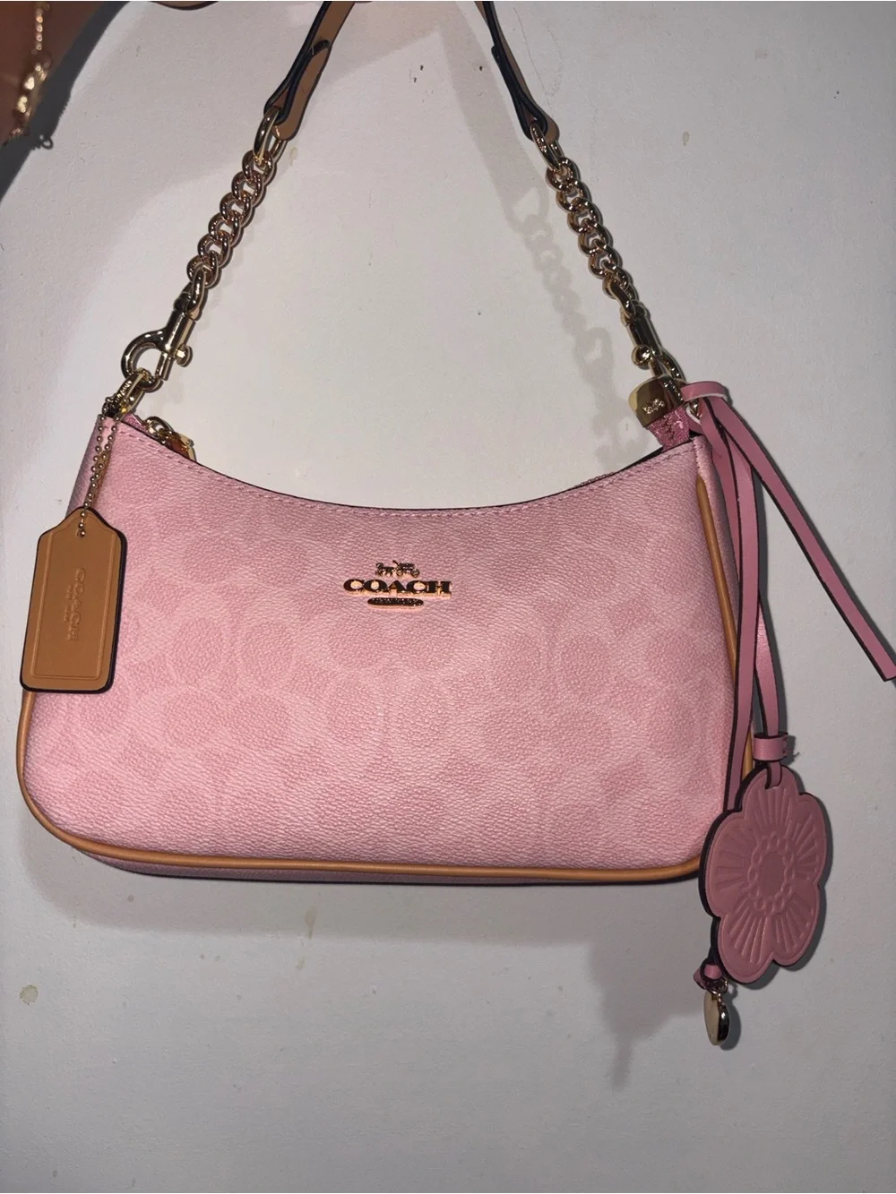 COACH Pink Leather Shoulder Bag with Tan Trim and Gold Hardware